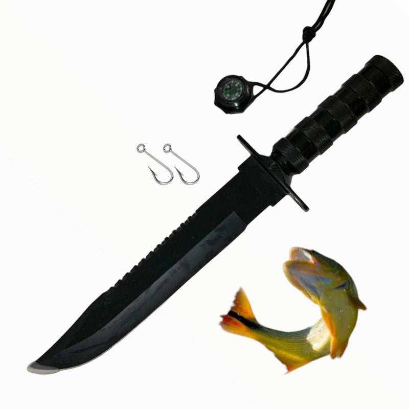 Cuchillo rambo acero con funda  brújula y anzuelos de pesca JFA1