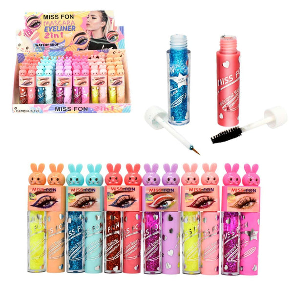 Kit de mascara de pestañas y delineador con gliter 6 colores 24 pz YXY01