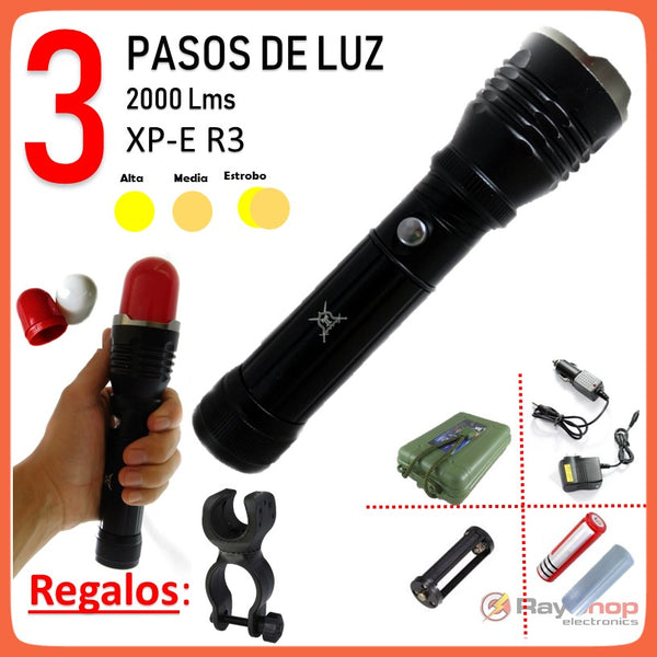 Lámpara Táctica Led 2000 Lms Zoom Imán Cono Señal Roja y Blanca Dt199