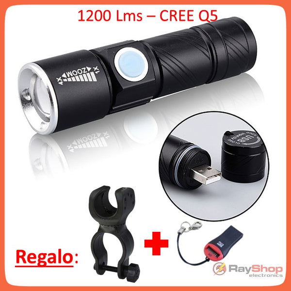 Mini Lámpara Táctica Recarga Usb 1200 Lms Bicicleta + Clip de Cinturón Cd103