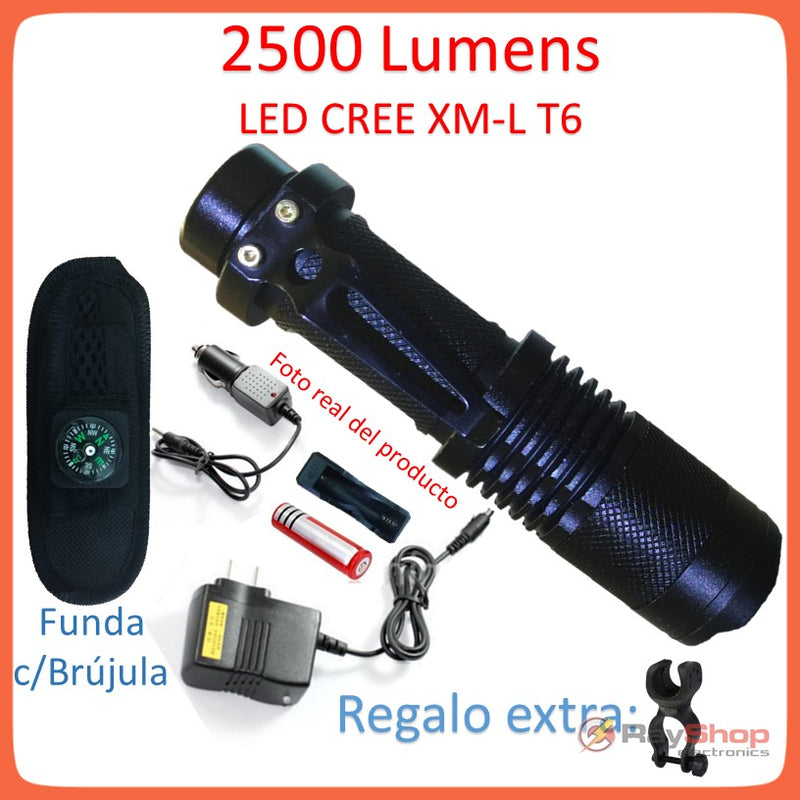 2 en 1 (Luz Blanca y Azul): Mini Lampara 2500 Lms Led T6, 4 pasos, c/Funda, Soporte bici A26C