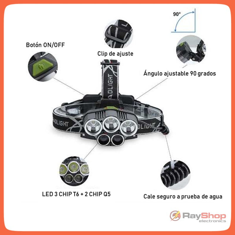 Lámpara Minera Cabeza 5 Led 8000 Lm 6 Pasos De Luz DT220