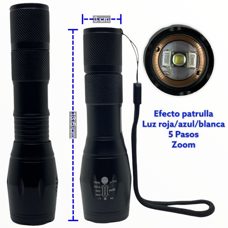 Lampara 3000lms LED T6 c/ Zoom, c/ Correa, efecto patrulla, 5 Pasos (Mejor que T62t6) T62RZ