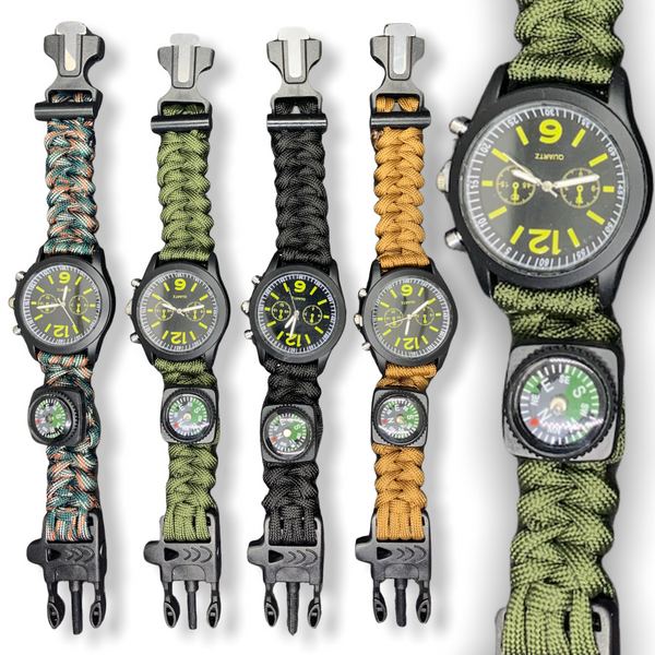 6en1: Reloj, navaja, pedernal-fuego, silbato, brujula, cuerda paracord 3.6m-250kg, SL262