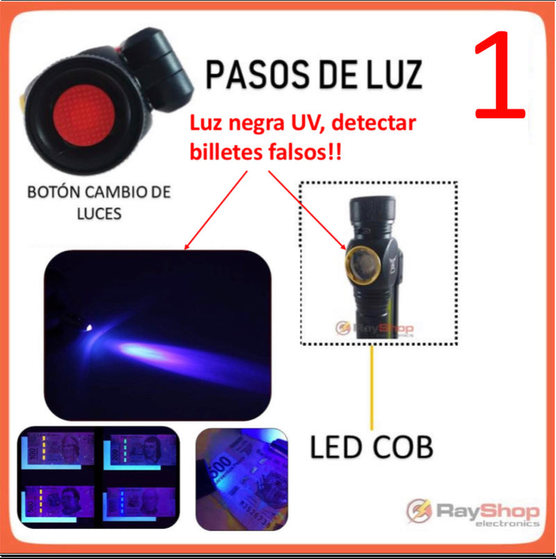 Mini Lámpara, LED COB: Luz blanca alta, media, Luz Roja alta, estrobo; FOCO REDONDO: Luz UV(BILLETES FALSOS), Gira, Imán Dt361