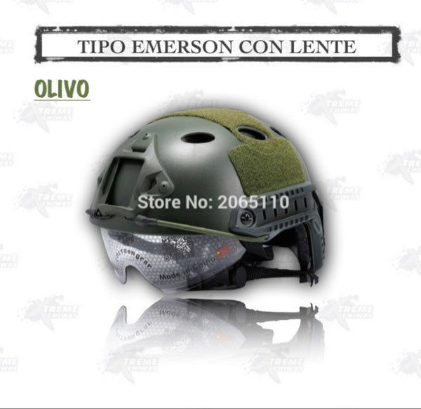 Casco tipo Emerson Tactico Lente Delizable Ocultable Gotcha Paintball GJP 2004